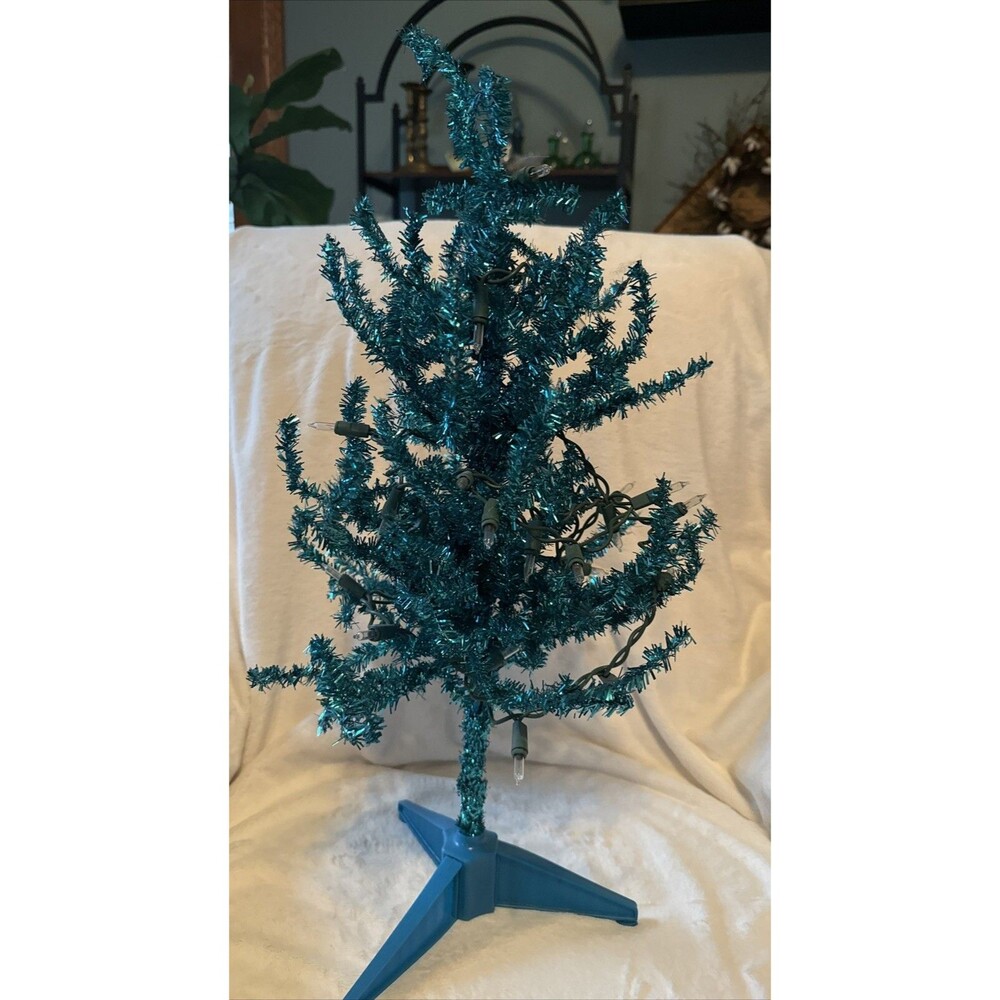 Vtg Aqua Blue Tabletop Lighted Tinsel Xmas Tree Steel Bendable Branches MCM